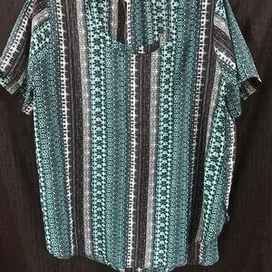 Cato Teal Black Geometric Pattern Blouse Size 14 Short Sleeve Casual Boho Top